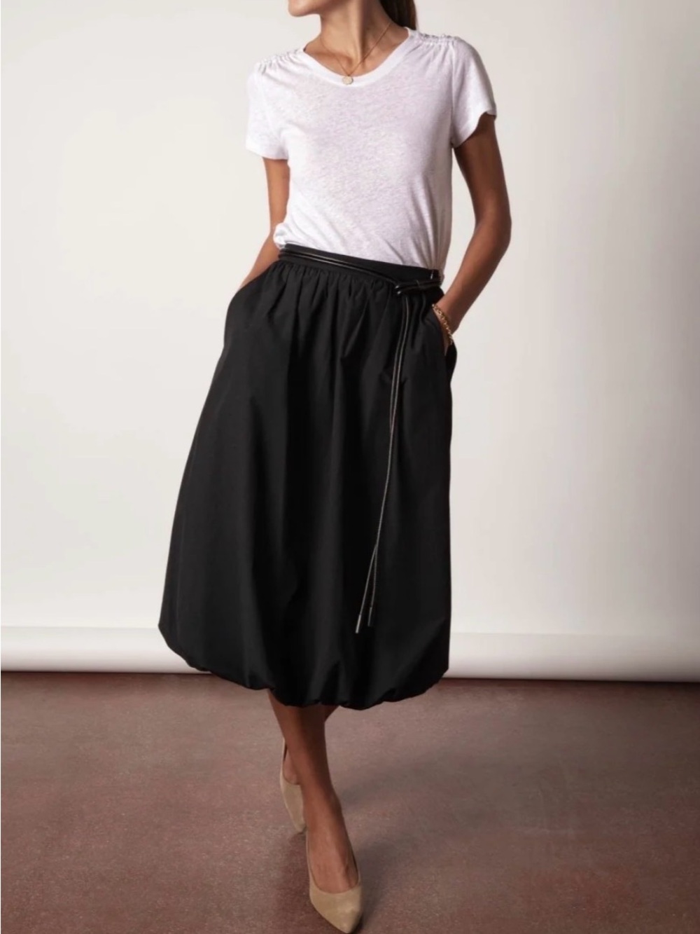 Brochu Walker Loti Bubble Poplin Midi Skirt in Black Onyx Small